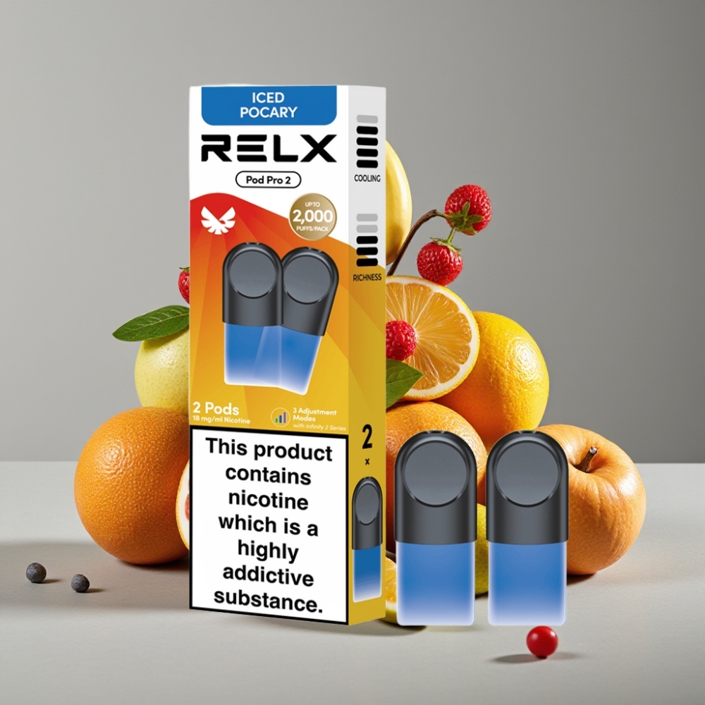 RELX Pod Pro 2 600 puffs, 1.8% nicotina, sabor Bebida-Pocary Helada, 3 modos de voltaje