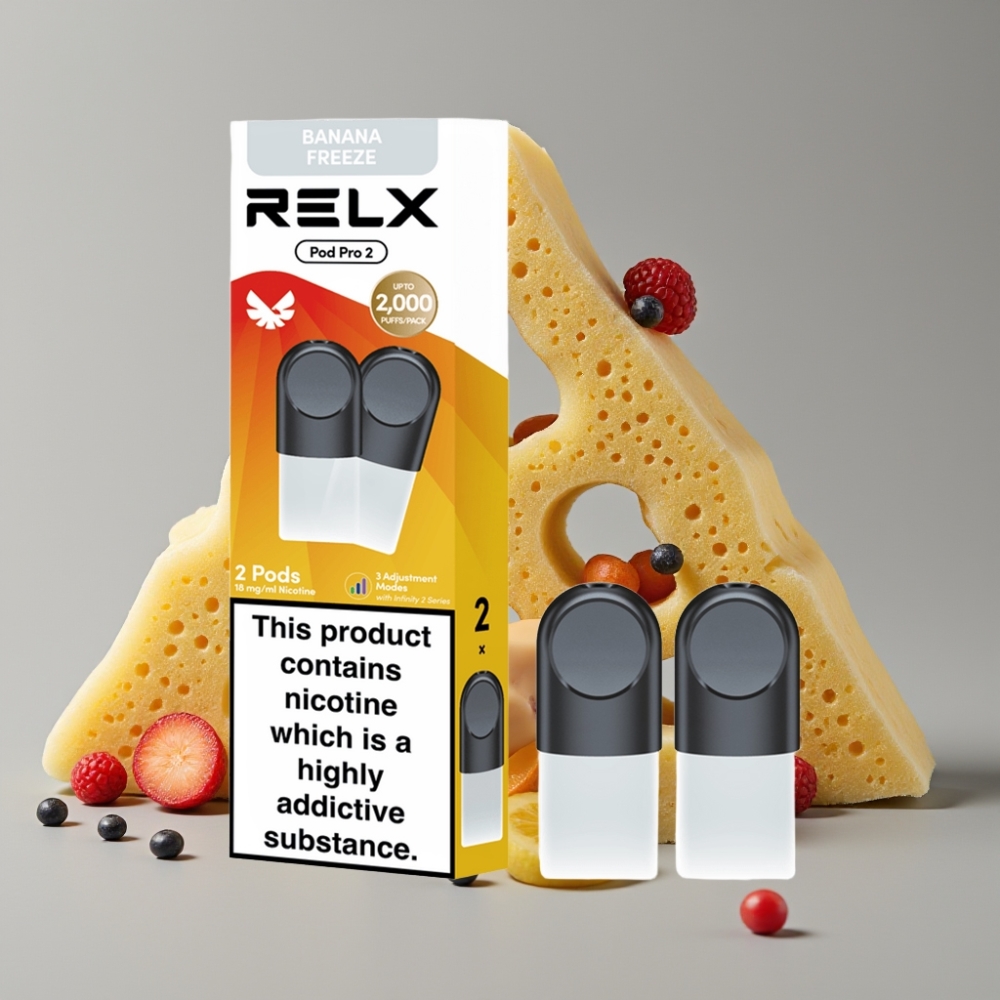 RELX Pod Pro 2 Banana Freeze Postre 600 puffs 1.8% 1.9ml 3 modos