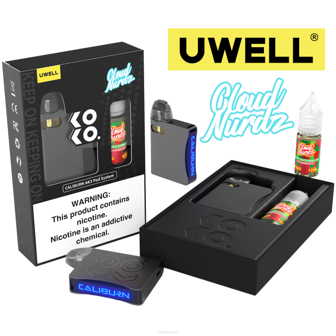 UWELL e cigarette - UWELL CALIBURN AK3 kit + vainas a3s 0.8ohm (x2) + daddy\'s vapor 10ml sales 50mg crl: gris/flv: azul melocotón frambuesa T60T247