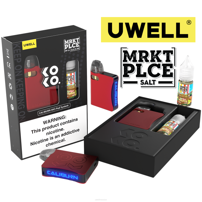 UWELL e cigarette - UWELL CALIBURN AK3 kit + vainas a3s 0.8ohm (x2) + daddy\'s vapor 10ml sales 50mg crl: gris/flv: azul melocotón frambuesa T60T247